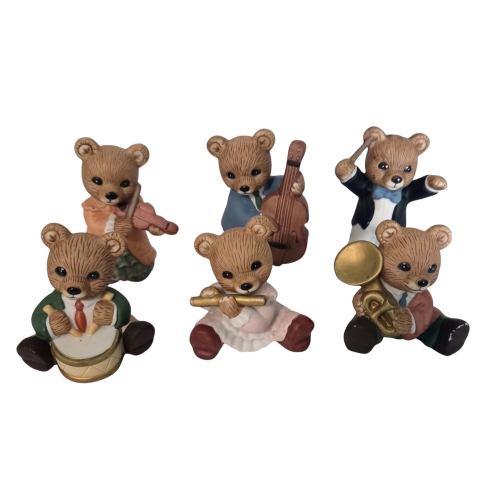 Vintage Homco Bear Musical Band Orchestra Figurines Lot of 6 w/ Conductor EUC